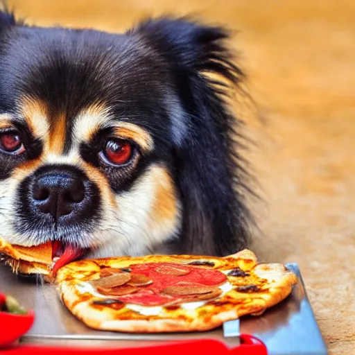 Prompt: detailed photo of a tibetan spaniel eating a slice of pizza