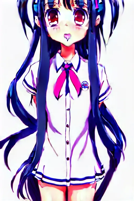 Prompt: full body anime portrait of a cute girl round eyes long hair dressed in a school uniform cinematic stunning highly detailed 4 k neon anatomically correct
