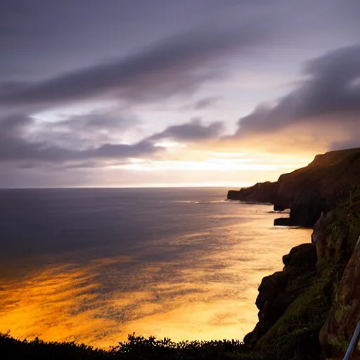 Image similar to micro - hurricane, blue hour, early night, deep blue atmosphere, overcast, low light, black and blue sky, sundown, scattered islands, sea, ocean, low pressure system, cloud with eye, very windy, late evening, distant hotel retreat on cliffside, shining lights on cliff side, polaroid photograph