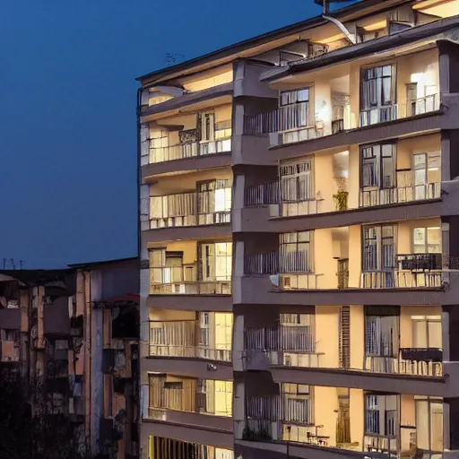 Image similar to An average post-soviet Polish residential block at night, only one window is lit, dark