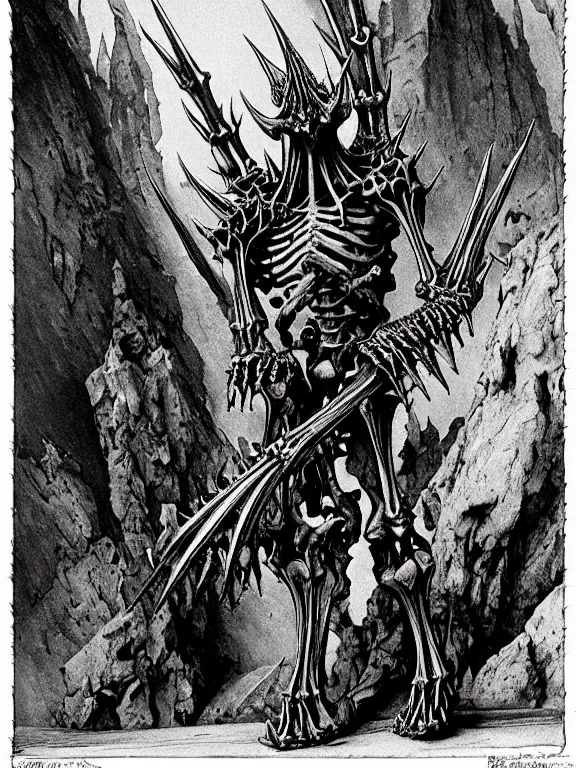 Prompt: A spiked horned semiork-semihuman skeleton with armored joints stands in a large cavernous fortress with a big broadsword in hand. Massive shoulderplates. Extremely high details, realistic, fantasy art, solo, masterpiece, bones, ripped flesh, saturated colors, art by Zdzisław Beksiński, Arthur Rackham, Dariusz Zawadzki