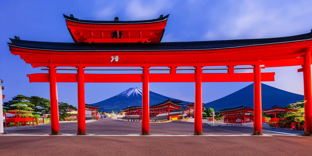 Image similar to A night photo of a american yellow school bus entering a Red Japanese Torii gate at Mount Fuji location in Japan, time travel, 4K, global illumination, ray tracing, octane render