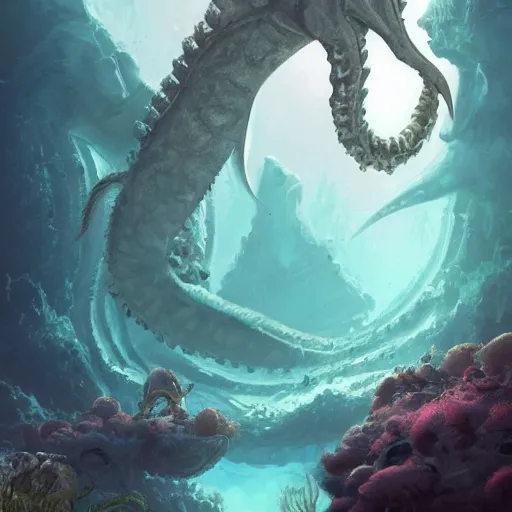 Image similar to Astronauts and some mythical animals are under the sea, they are swimming away from the giant kraken, the leviathan is behind hunting them, this is an extravagant planet with wacky wildlife, the background is full of ancient ruins, the ambient is dark with a terrifying atmosphere, by Jordan Grimmer digital art, trending on Artstation,