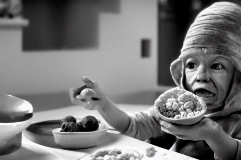 Image similar to E.T. eating a bowl of Cheerios cereal black and white Spielberg 35mm film cinematic 4k