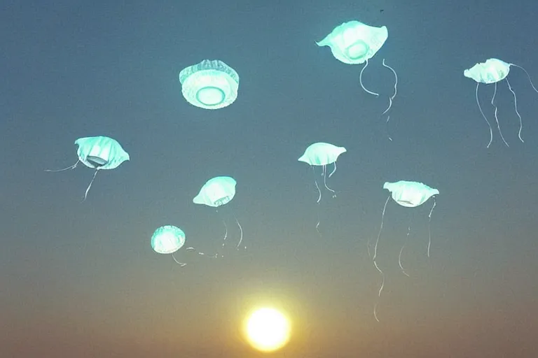 Image similar to “ translucent jellyfishes in the sky over a read ocean. ”