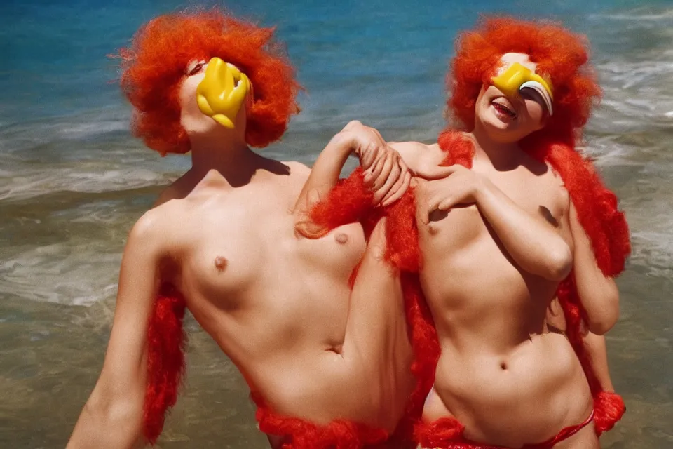 Prompt: picture of Ronald McDonald in a bikini, photo by Anne Liebovitz