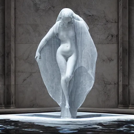 Image similar to “a delicate renaissance marble sculpture covered with water veil, highly detailed transparent marble cloth, gi, global illumination, physically based rendering, photorealistic, top light , dark background”