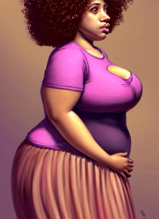 Prompt: full body portrait, teenage vanessa morgan, pink hair, brown skin, obese, curly pixie hair, sultry, realistic, short hair, hoop earrings, skirt, shirt, fat, belly, intricate, elegant, highly detailed, digital painting, artstation, concept art, smooth, sharp focus, illustration, art by wlop, mars ravelo and greg rutkowski