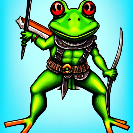 Image similar to digital illustration of a frog warrior, in the style of nintendo and d & d character art, highly detailed, sharp focus, 4 k