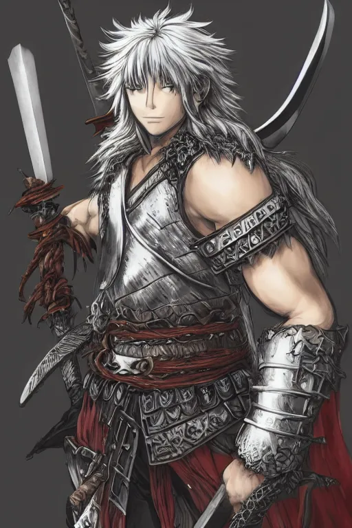 Image similar to A realistic anime portrait of a young handsome male barbarian with long wild hair, intricate fantasy spear, plated armor, D&D, dungeons and dragons, tabletop role playing game, rpg, jrpg, digital painting, by Yoshitaka Amano and Ayami Kojima and Akihiko Yoshida and Yusuke Murata and Kentaro Miura, concept art, highly detailed, promotional art, HD, digtial painting, trending on ArtStation, golden ratio, rule of thirds, SFW version