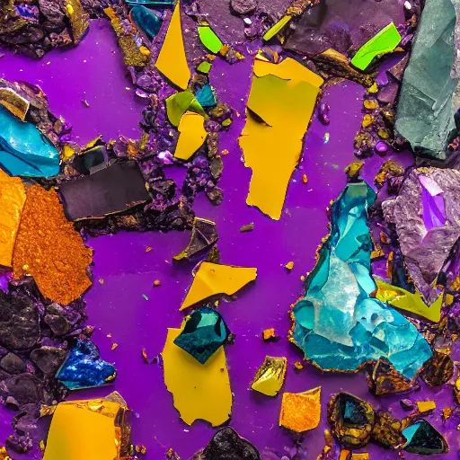 Prompt: purple shattered paint!, broken glass!!!!!, lava!!!, conglomerate!, slush!!, organized composition!, sculpture!!, 4k