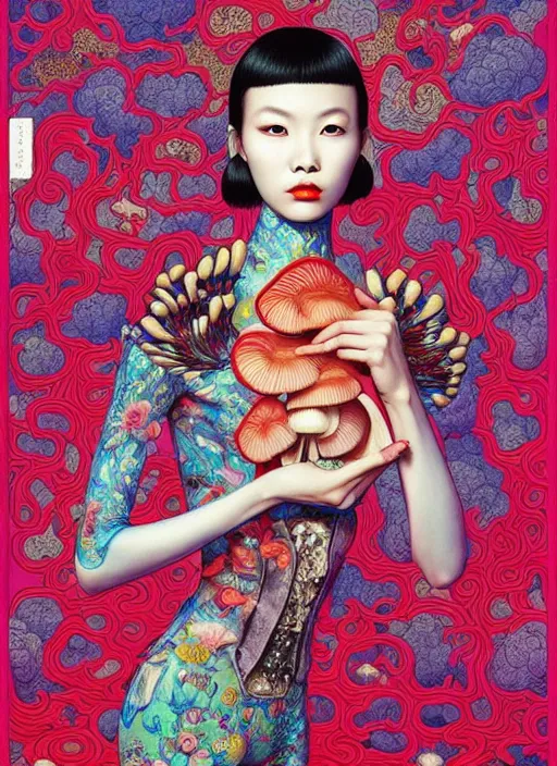 Image similar to pretty chinese model with hallucination mushroom : : by martine johanna and simon stalenhag and chie yoshii and casey weldon and wlop : : ornate, dynamic, particulate, rich colors, intricate, elegant, highly detailed, vogue, harper's bazaar art, fashion magazine, smooth, sharp focus,