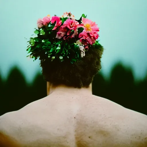 Image similar to kodak portra 4 0 0 photograph of a skinny guy standing in field of dead trees, flower crown, back view, moody lighting, moody vibe, telephoto, 9 0 s vibe, blurry background, vaporwave colors, faded!,