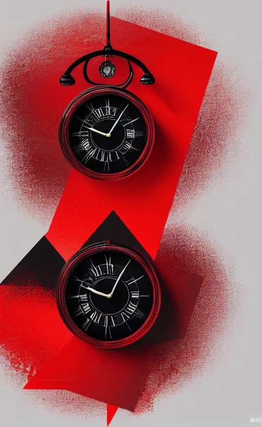 Image similar to a melting Roman numeral clock, behind a red and black gradient background, awith a black heart shaped on the top left corner and a black diamond card shape in the bottom right corner, dynamic lighting, photorealistic fantasy concept art, trending on art station, stunning visuals, cinematic, creative, ultra detailed