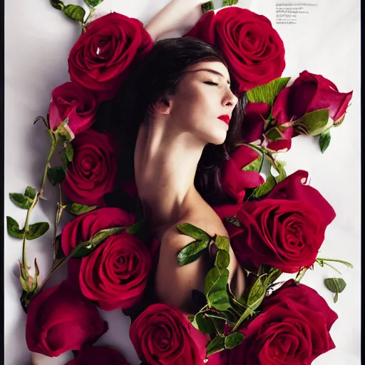 Image similar to a fashion photo of a beautiful model, a bed of roses, by ted gibson, jen atkin, tom eerebout, elizabeth saltzman, peter lindbergh, tim walker, symmetry, full face, studio lighting, dlsr,