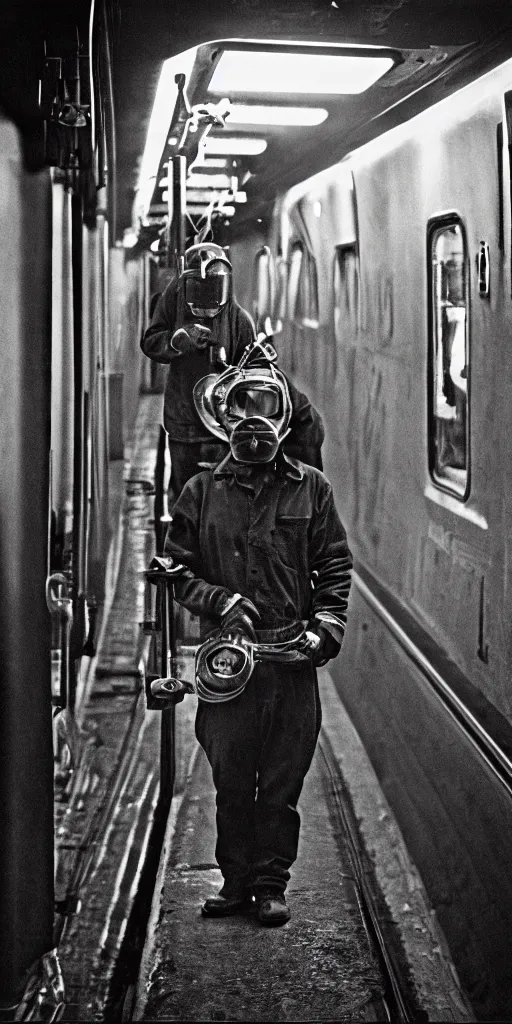 Image similar to welder wearing welding masks in the subway, by richard avedon, ominous lighting, tri - x pan stock