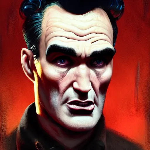 Image similar to portrait of a handsome morrissey as a zombie with a large quiff and thick eyebrows, 7 days to die zombie, fine art, award winning, intricate, elegant, sharp focus, cinematic lighting, digital painting, 8 k concept art, art by z. w. gu, art by brom, art by michael hussar, 8 k