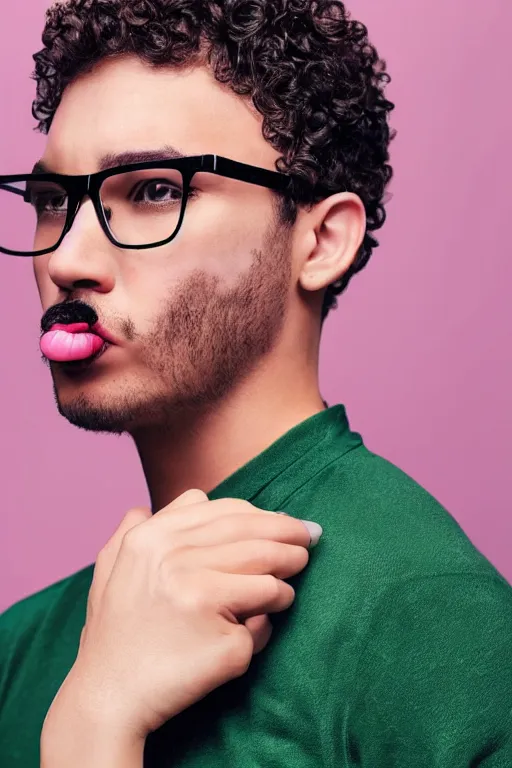 Prompt: man, curly hair cut on the sides, a little big nose, full mouth, brown eyes, pink lips, black framed glasses, green v - neck shirt, cloudy weather, dramatic lighting