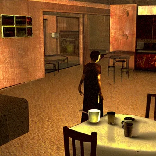 Image similar to a still of breakfast at tiffany's, 2 0 0 3 silent hill 3 graphics ps 2 visuals aesthetic