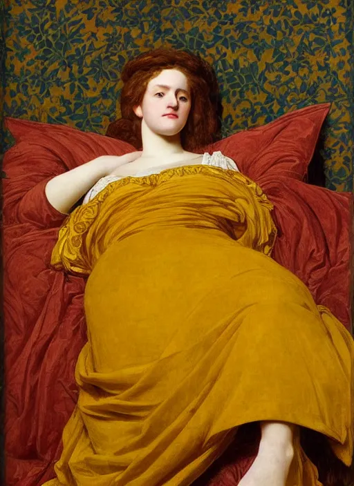 Prompt: masterpiece portrait of lady reclining on bed wearing yellow ochre ornate medieval dress, vertical, foreshortening, colour photography by frederic leighton, william morris, 8 k