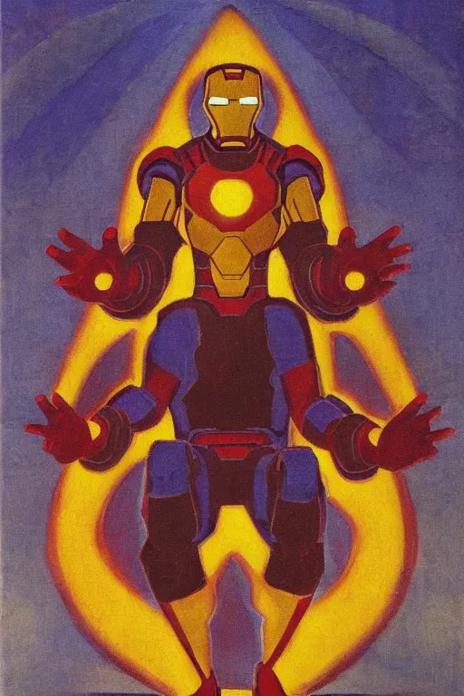 Prompt: iron man, marvel, artwork by nicholas roerich