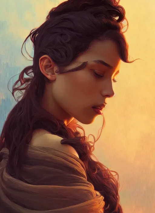 Image similar to handsome young black women with shoulder length brown hair, half body shot, path traced, highly detailed, high quality, digital painting, alena aenami, lilia alvarado, shinji aramaki, karol bak, alphonse mucha, tom bagshaw