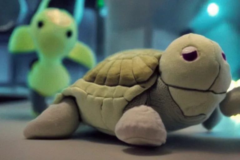 Prompt: cute turtle plushie in cyberspace, in 2 0 5 5, y 2 k cybercore, industrial low - light photography, still from a ridley scott movie