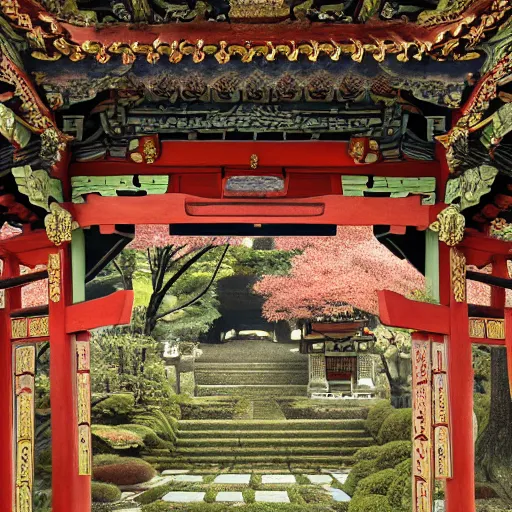 Image similar to traditional shinto garden, photorealistic, baroque, renaissance, by emedios varo and anato finnstark and fenghua zhong, hyperrealism, 4 k 8 k, 3 d, masterpiece, texture, captivating, awe inspiring