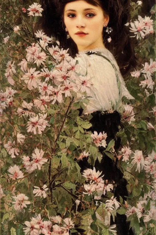 Prompt: close - up fashion black woman portrait airy flowers cloudy sky art by vasnetsov