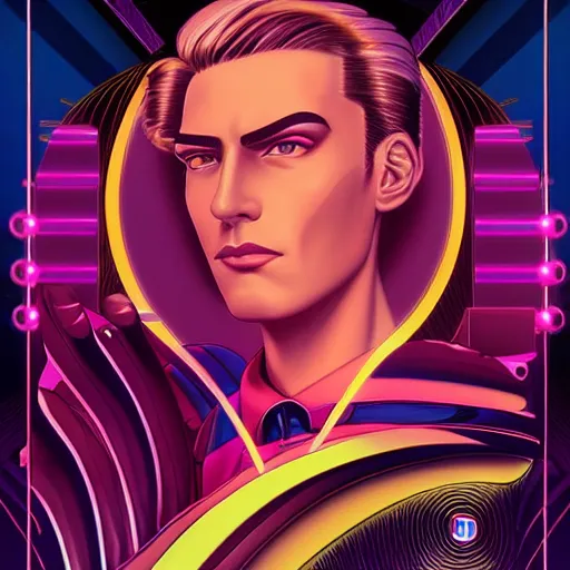 Prompt: a stunning glamor profile portrait of an art deco synthwave man, 80s nostalgia, by Evelyn De Morgan and Ross Tran, rossdraws