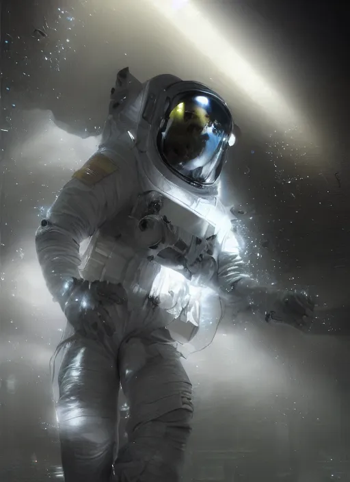 Image similar to concept art by craig mullins astronaut in futuristic dark and empty spaceship underwater. infrared glowing lights. complex and hyperdetailed technical suit. reflection and dispersion materials. rays and dispersion of light. volumetric light. 5 0 mm, f / 3 2. noise film photo. flash photography. unreal engine 4, octane render. interstellar movie art