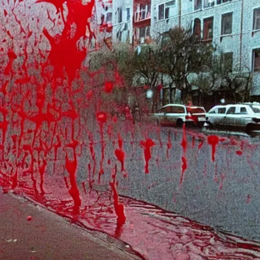 Prompt: vhs footage of blood raining on the streets and flooding the neighborhood from the perspective of a window