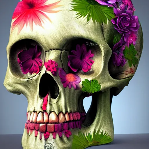Prompt: colorful wooden skull in steel flowers by rembrandt and lise deharme and artgerm, digital art, detailed masterpiece