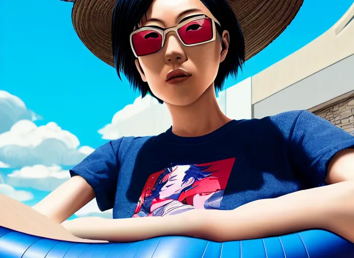 Image similar to closeup portrait of kyoka jiro from my hero academia relaxing in jeans and a t - shirt on a floating pool chair, sunny, bright, reflections, intricate, sharp focus, lens flare, bloom, illustration, highly detailed, digital painting, concept art, matte, art by ruan jia and wlop and greg rutkowski, masterpiece