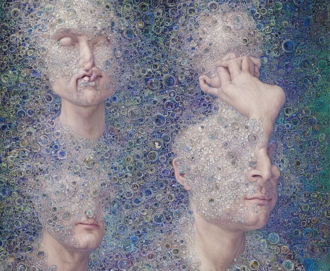 Prompt: realistic extremely detailed diamond 3d fractal lace iridescent bubble 3d skin photo style portrait painting of an average angel man with exposed clear brain , retro futuristic ,water , style hybrid mix of beeple,Anton Pieck,Jean Delville, Amano,Yves Tanguy, Alphonse Mucha, Ernst Haeckel, Edward Robert Hughes,Stanisław Szukalski and Roger Dean, rich moody colors,diamond dust glitter and sparkles,krypton ion,blue eyes,octane render,4k,f32