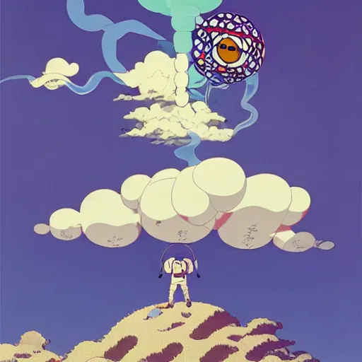 Image similar to a man walking on clouds above kyoto by takashi murakami, beeple and james jean, aya takano color style, 4 k, super detailed