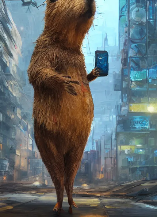 Image similar to detailed full body concept art illustration oil painting of an anthropomorphic capybara cab driver in full intricate clothing, biomutant, dystopian future, ultra detailed, digital art, octane render