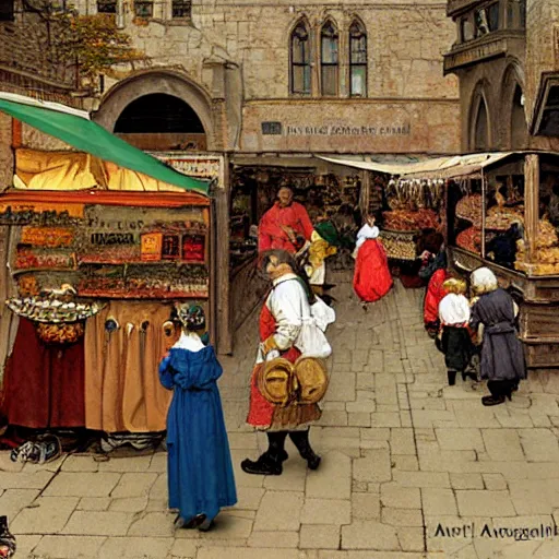 Image similar to a mockup of a medieval street market, art by Norman Rockwell