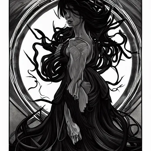 Prompt: full body grayscale drawing by Anato Finnstark of horned demon in heroic pose, swirling flames, brutal, alphonse mucha,