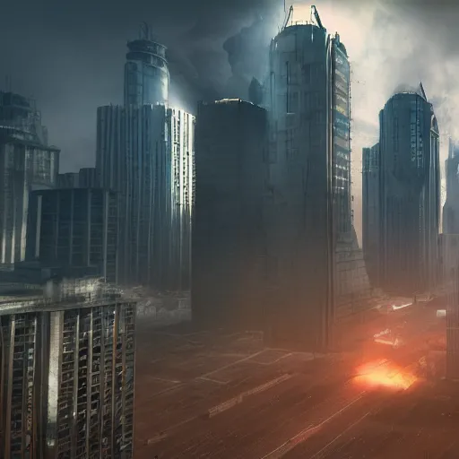 Image similar to octane render, city nuclear fall - out, matte painting, future city