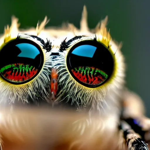 Image similar to jumping spider mixed with owl with 4 eyes and nightvision goggles, cute creature, hybrid, anamorphic lens, bokeh, kodak color film stock, macro shot