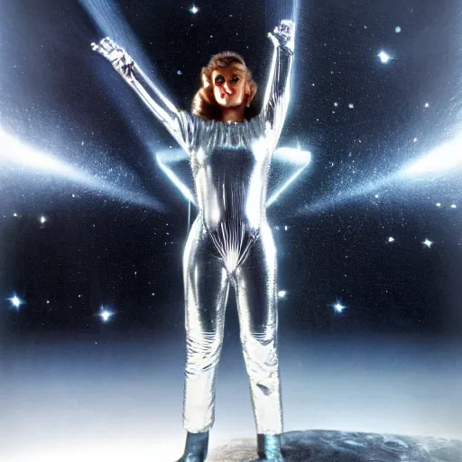 Image similar to 1 9 8 0 s sci - fi portrait photo, a woman wearing a dramatic silver foil and rubber hose spacesuit costume standing on a dark and mysterious alien planet, atmospheric fog, light beams, 4 k