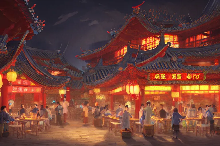 Prompt: fantasy art of a bustling tavern in china, at night, by makoto shinkai, highly detailed digital art, trending on artstation