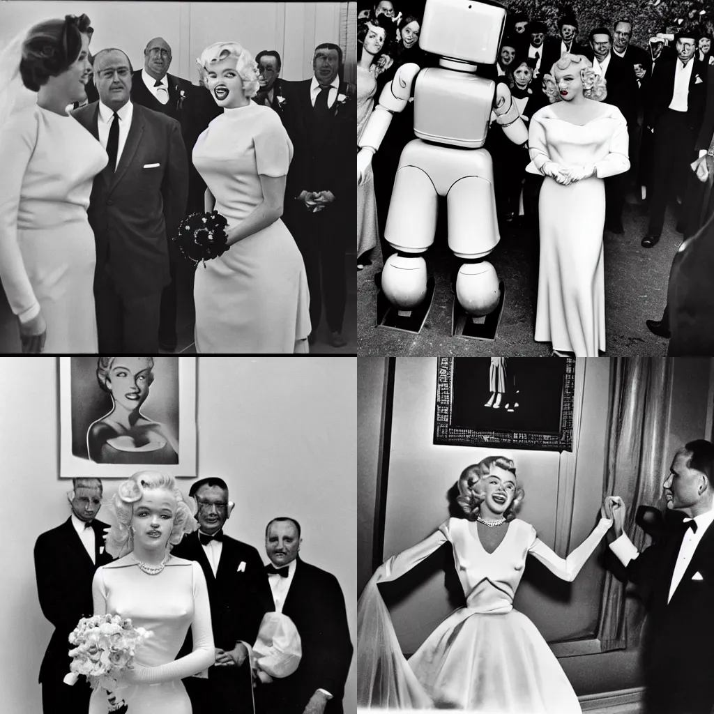 Prompt: Black and white picture of the wedding of Marilyn Monroe and a robot by Dorothea Lange, silver print, 1962 (Getty Image)