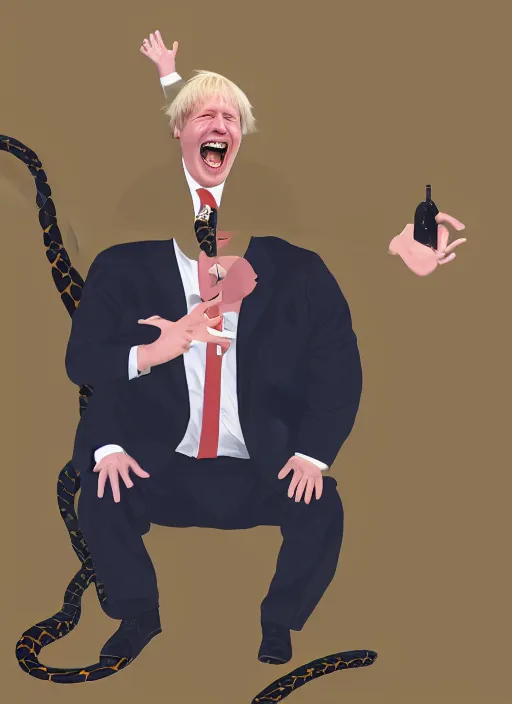 Prompt: A portrait of Boris Johnson with the body of a snake, wearing a suit, at a house party, laughing at the poor, high definition, digital art, illustration, hyperrealist