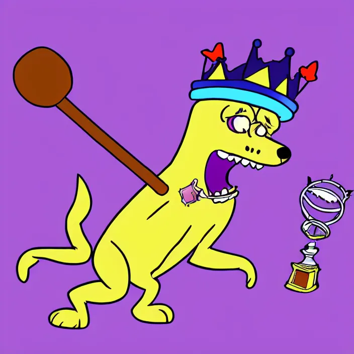 Prompt: a digital drawing of an anthropomorphic dog wearing a purple hoodie and a crown, smashing a golden trophy with a baseball bat. in the style of bojack horseman.