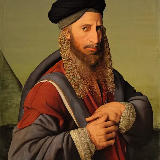 Prompt: renaissance oil portrait of a sheikh, wearing expensive clothes, by Arthur Adams, Diego Gisbert Llorens