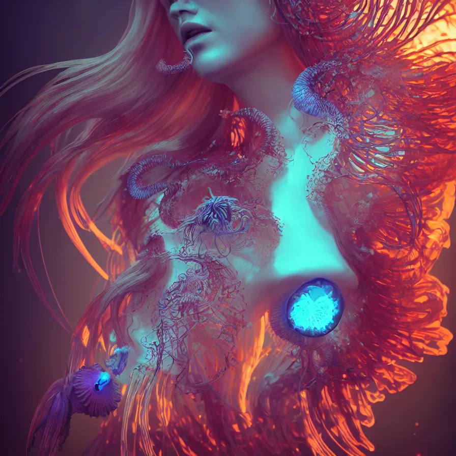 Image similar to goddess close-up portrait. orchid jellyfish phoenix head, nautilus, skull, betta fish, bioluminiscent creatures, intricate artwork by Tooth Wu and wlop and beeple. octane render, trending on artstation, greg rutkowski very coherent symmetrical artwork. cinematic, hyper realism, high detail, octane render, 8k