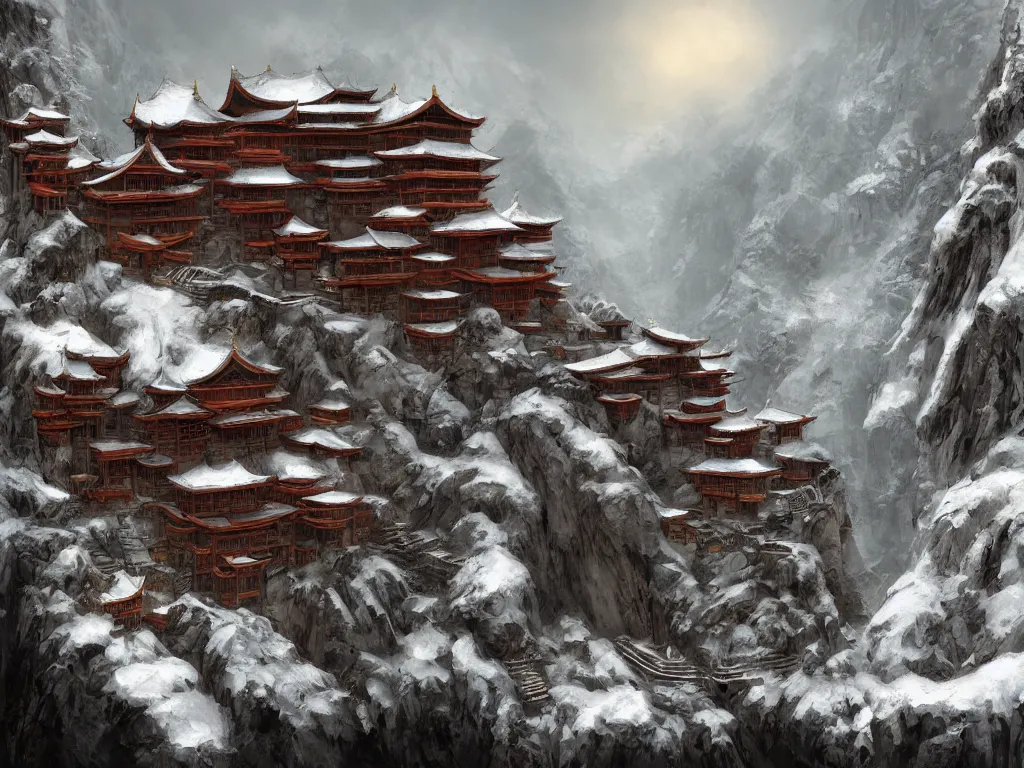 Image similar to shaolin monastery on snowy mountain, rope ladder everywhere, trending on artstation, by frank frazetta, concept art, digital art, cool color palette, 8 k, sad, incandescent, cinematic lighting, ray tracing ambient occlusion, in a symbolic and meaningful style, insanely detailed and intricate, hypermaximalist, elegant, ornate, hyper realistic, super detailed
