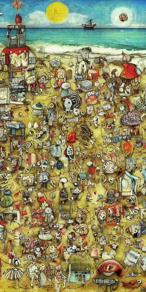 Prompt: a summer beach scene by alexander jansson and where's waldo